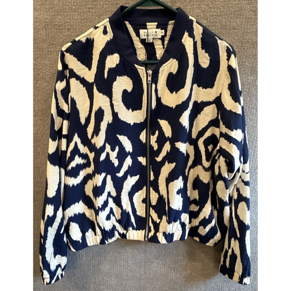 MOLLY BRACKEN Navy Thais Print Bomber Zip Jacket Women XL Coastalcore Boho NWT